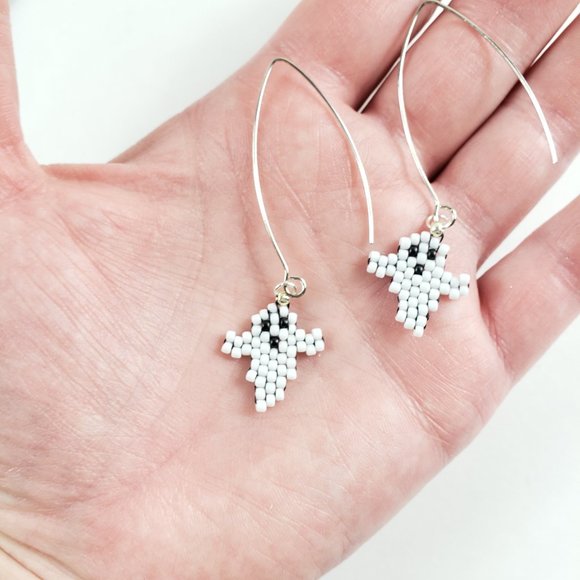 Tiny Ghost Seed Bead Drop Spooky Silver Earrings - Picture 1 of 3